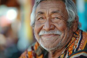 Smiling elderly man with gray hair and a warm expression, wearing colorful traditional attire. photo