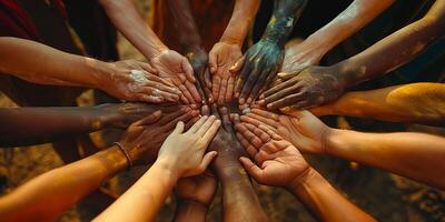 A diverse group of hands coming together, symbolizing unity and collaboration in a vibrant outdoor setting. photo