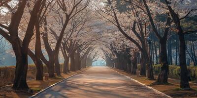 Serene pathway flanked by cherry blossom trees, creating a picturesque spring ambiance. photo
