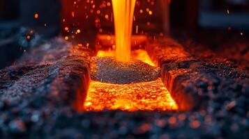 Molten metal flowing into a casting mold, creating a vibrant display of fiery orange and gray hues. photo
