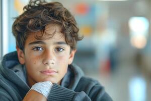 A young boy with curly hair and freckles gazes thoughtfully, showcasing a mix of innocence and contemplation. photo