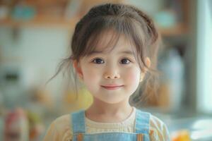 A cheerful young girl with dark hair and bright eyes in a cozy kitchen setting. photo