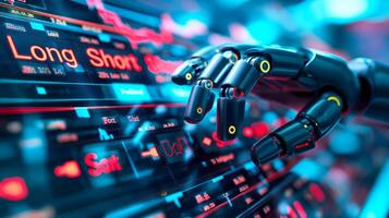 A futuristic robotic hand reaching for digital trading data, showcasing advanced technology in finance. photo