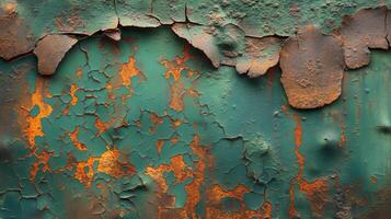Close-up of a weathered surface with peeling green paint and rust, showcasing a striking blend of textures and colors. photo