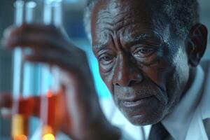 An elderly Black male scientist observes a test tube with a thoughtful expression, immersed in his research. photo