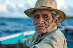 An elderly Hispanic man in a straw hat gazes pensively from a small boat, with the ocean waves softly lapping behind him. photo