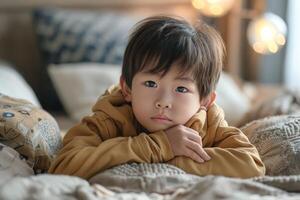 A contemplative Asian boy in a warm hoodie, resting on cozy blankets, exuding a sense of curiosity and introspection. photo