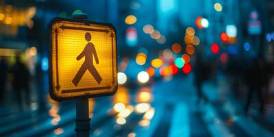 A glowing yellow pedestrian signal stands out amidst a bustling urban backdrop at night, highlighting the vibrant city life. photo