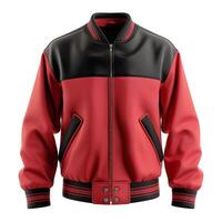 Bold red and black bomber jacket featuring a sleek design and modern cut, perfect for a trendy urban look. photo