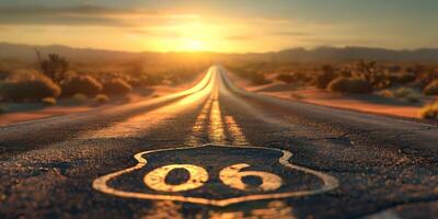 A stunning sunset over a long, deserted Route 66, showcasing the journey of adventure and nostalgia. photo