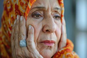 An elderly woman of Middle-Eastern descent, wrapped in a colorful headscarf, reflects with a thoughtful expression. photo