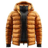Stylish unisex orange puffer jacket with a detachable black inner layer, perfect for winter wear. photo