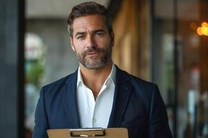 Confident bearded Caucasian man in a suit holding a clipboard, exuding professionalism and charisma. photo