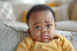 An adorable African American baby with a pensive expression, dressed in a yellow polka dot onesie, sitting comfortably on a sofa. photo