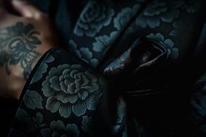 Close-up of a richly patterned black suit sleeve with an elegant floral design, featuring a tattooed hand holding a pocket square. photo