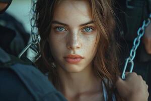 A young Caucasian woman with striking blue eyes and freckles, looking intensely at the camera while being held in chains. photo