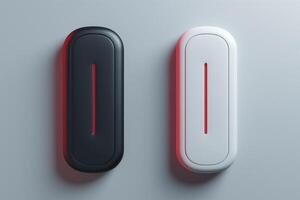 Two modern devices, one sleek black and the other crisp white, each featuring a striking red LED accent. photo