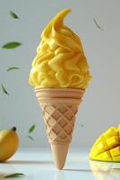 A vibrant yellow ice cream cone topped with fluffy swirls, surrounded by fresh mango slices and green leaves. photo
