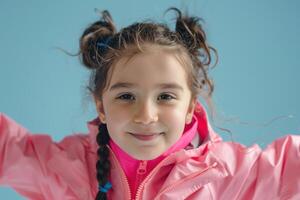 Smiling young girl in a pink jacket, with playful hairstyles, embracing the moment against a soft blue background. photo