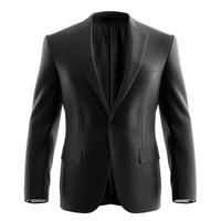 Elegant black suit jacket displayed on a mannequin, perfect for formal occasions or business attire. photo