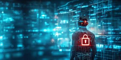 A digital figure representing cybersecurity, standing against a futuristic backdrop with a glowing padlock symbol. photo