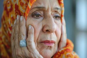 An elderly woman with Middle Eastern features, wearing an orange patterned hijab, expresses deep emotions in her thoughtful gaze. photo