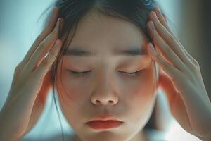A young Asian woman, eyes closed and hands on temples, expressing deep concentration or stress in a serene indoor setting. photo