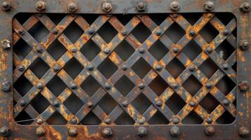Close-up of a rusted metal grille with a diamond pattern, showcasing weathered textures and bolts. photo