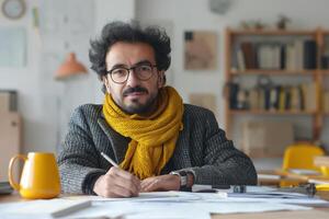 A thoughtful Middle-Eastern man in a cozy sweater and yellow scarf reviews notes at a work desk, surrounded by books and papers. photo
