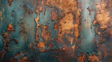 A close-up view of weathered metal with vibrant rust and teal patina, showcasing textures of decay and time. photo