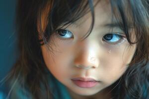 A close-up of a sad Asian girl, about 5 years old, with a tear rolling down her cheek, conveying deep emotion and vulnerability. photo