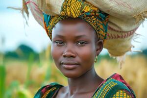 A young African woman with a serene expression and traditional attire, balancing a large basket on her head in a lush green field. photo