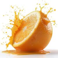 A vibrant orange slice splashes juice, capturing a refreshing summer vibe. photo