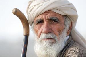 Elderly man with a long white beard and turban, holding a cane, exuding wisdom and resilience. photo