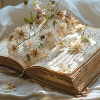 A vintage open book adorned with delicate white flowers, creating a serene and poetic atmosphere. photo