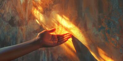 A close-up of a gentle hand reaching toward a glowing textured wall, bathed in warm, golden light. photo