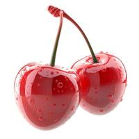 Two vibrant red cherries with droplets, symbolizing freshness and nature's sweetness. photo