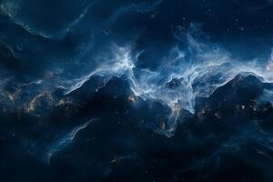 An abstract depiction of deep space with swirling blue and gold cosmic clouds, evoking a sense of vastness and mystery. photo
