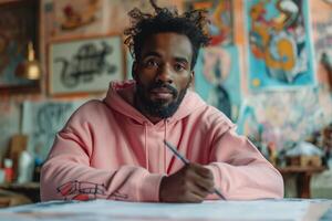 A Black male artist in a pink hoodie is sketching ideas on a table in a vibrant art studio, reflecting creativity and focus. photo