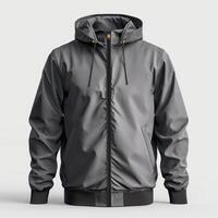 Stylish gray jacket with hood, featuring a sleek design and premium finish, perfect for urban fashion enthusiasts. photo