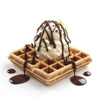 Delicious fluffy waffles topped with creamy ice cream and drizzled with rich chocolate sauce. photo