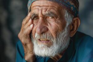 A pensive elderly man with a white beard and distressed expression, wearing a traditional cap against a blurred background. photo