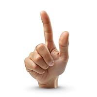 A close-up of a male hand, signaling with one finger raised, symbolizing 'number one' or 'first place'. photo