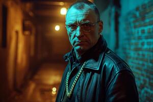 Caucasian man with glasses and a leather jacket, showcasing a serious expression in a dimly lit alley. photo