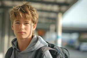 A young Caucasian boy with tousled hair stands at a transit station, wearing a gray hoodie and carrying a backpack. photo