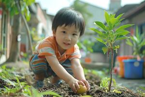 Young Asian boy joyfully playing in the garden, planting a seedling with a smile on a sunny day. photo