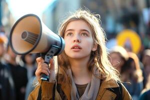 A young Caucasian girl holds a megaphone, looking determined amidst a crowd at a protest, conveying a strong message for change. photo