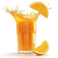 Refreshing orange juice splashing in a clear glass with orange slices, evoking a vibrant summer mood. photo