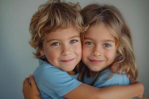 Two cheerful Caucasian children, a boy and a girl, happily embracing each other with bright smiles and sparkling blue eyes. photo