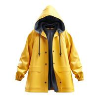 A vibrant yellow rain jacket with a grey hood, perfect for rainy days. photo